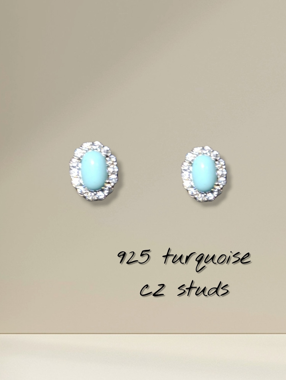 Sterling Silver 925 Turquoise Cubic Zirconia Oval Stud Earrings